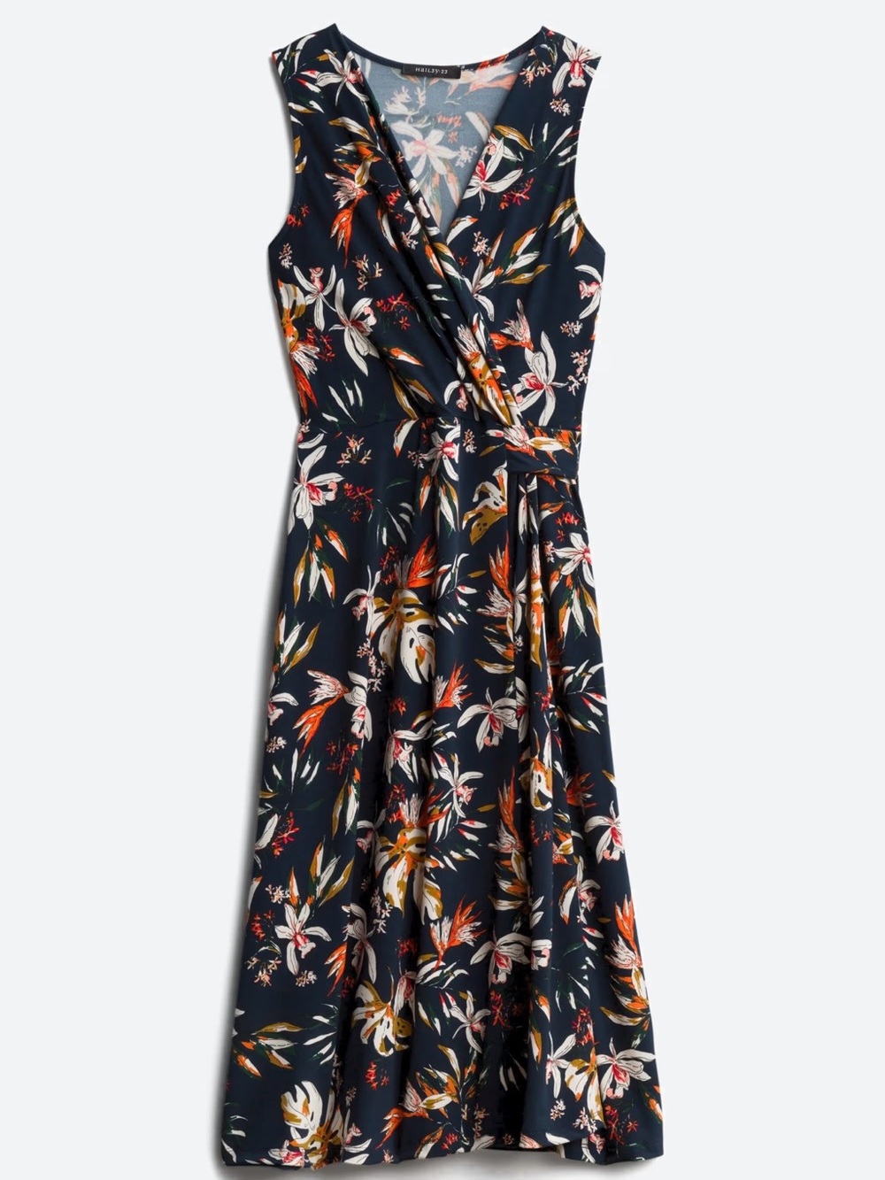 Sleeveless Floral Faux Wrap Midi Dress - Navy